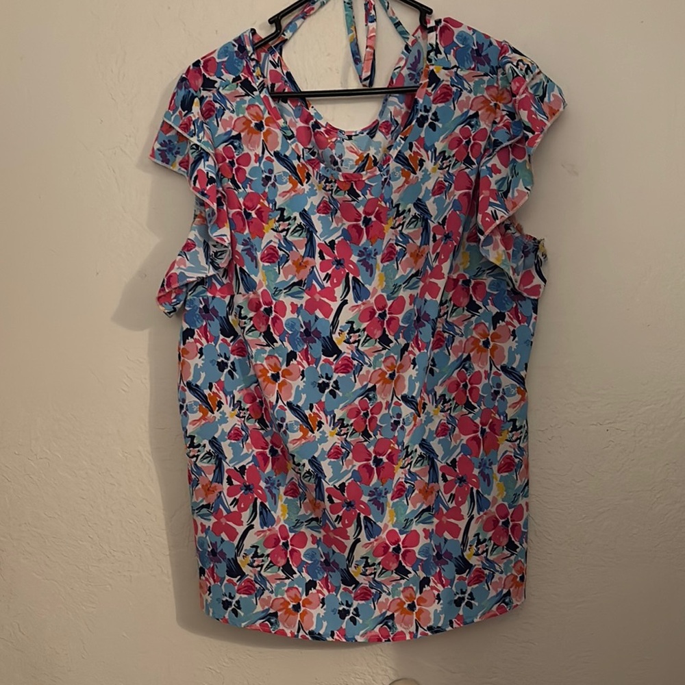 SHEIN Red and Pink Ruffled Blouse